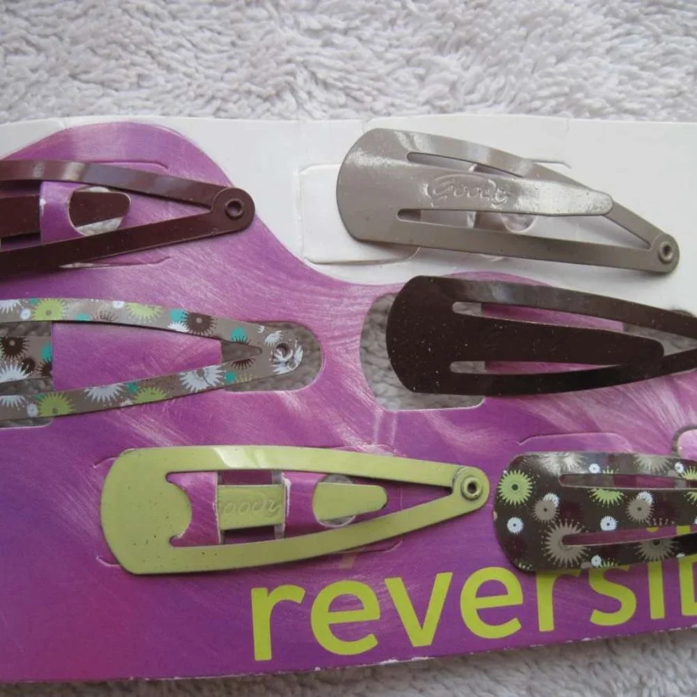 6 Goody Reversible Double Sided Snap Hair Clips Flowery & Solid Brown White